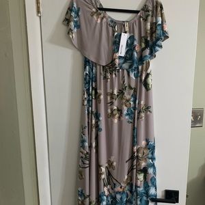 Floral off shoulder maxi dress, bump friendly